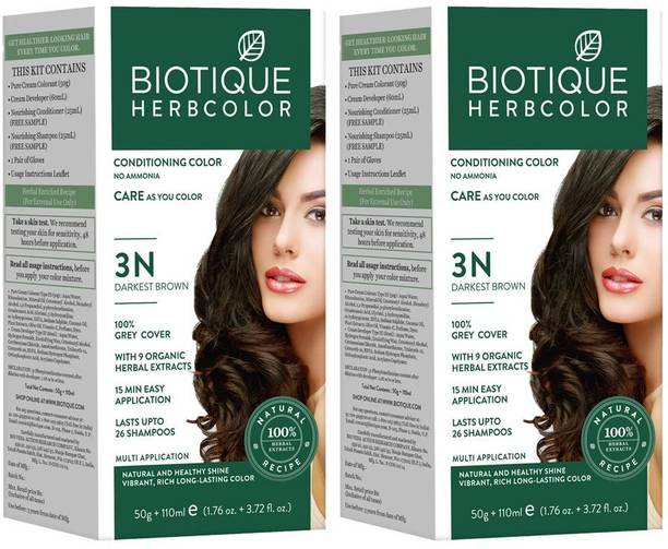 BIOTIQUE Herbcolor Conditioning | 100% Grey Coverage in 15 Minutes | 3N Hair Colour , Darkest Brown