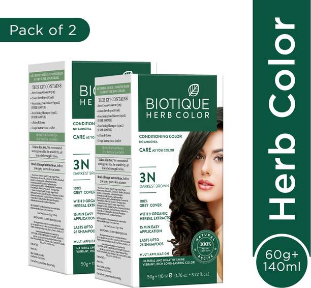 BIOTIQUE Herbcoclor Darkest Brown- 3N 60g+140ml (Pack of 2) , Darkest Brown