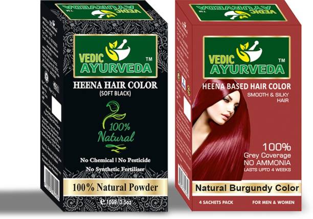 VEDICAYURVEDA Henna Hair Color Soft Black & No Ammonia Combo Pack , Burgundy, Soft Black