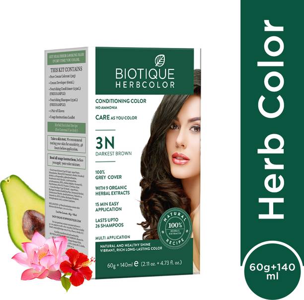 BIOTIQUE Herbcolor Natural Conditioning | 100% Grey Coverage-3N Darkest Brown Hair Colour , Darkest Brown