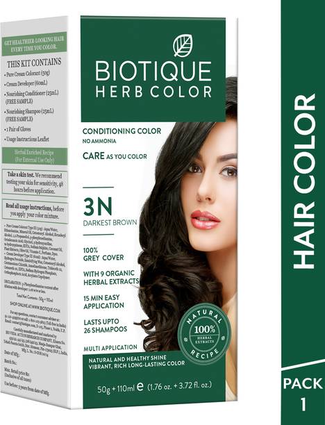 BIOTIQUE Herbcolor Conditioning | 100% Grey Coverage in 15 Minutes | 3N Hair Colour , Darkest Brown