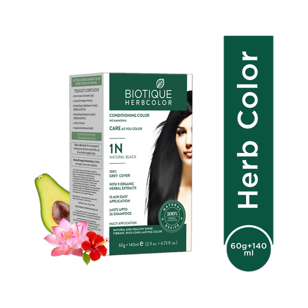 BIOTIQUE Herbcolor Natural Conditioning 100% Grey Coverage-1N Natural Black Hair Colour , Natural Black