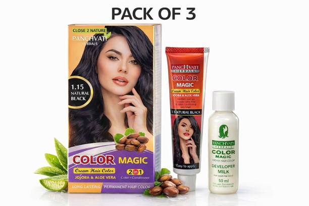 panchvati 2 in 1 Hair Color With Color+ Conditioner Formula For Women Natural Black 1.5 (Pack of 3) , Black