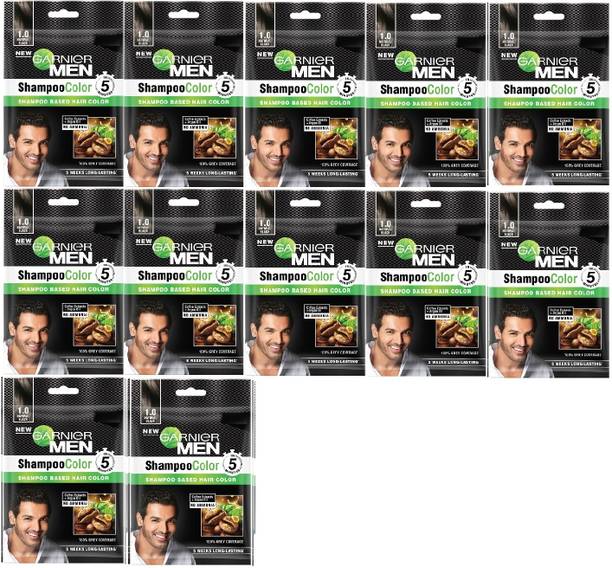 Garnier Men Color Naturals Liquid Hair Colour 100% Grey Coverage-1 Natural Black SET OF 12 , NATURAL BLACK-1.0