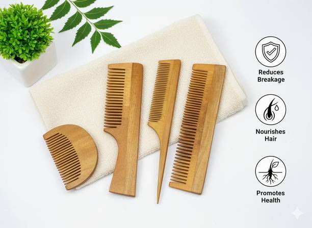 ncr All Hair Type Neem Wooden Combs (Pack of 4)