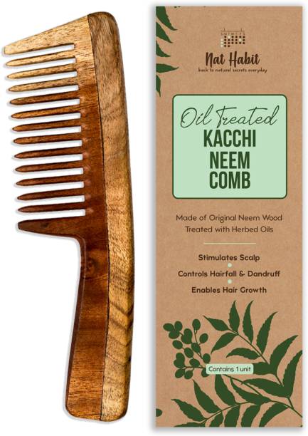 Nat Habit Kacchi Neem Comb, Wooden Comb | Hair Growth, Hairfall, Dandruff Control | Hair Straightening, Frizz Control | Comb for Men, Women | Treated with Neem Oil, Bhringraj & 17 Herbs (Wide Tooth)