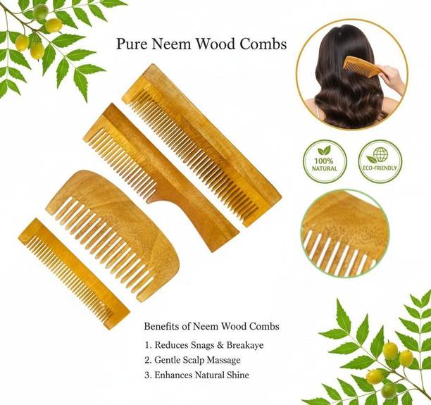 ncr 100% Organic Neem Wooden Hair Combs (Pack Of 4)