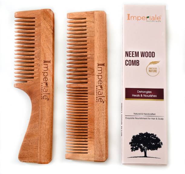 IMPERIALE BOTANIQUE Handmade Neem Wooden Hair Comb Combo SIngle Teeth + Double Teeth (Pack of 2)