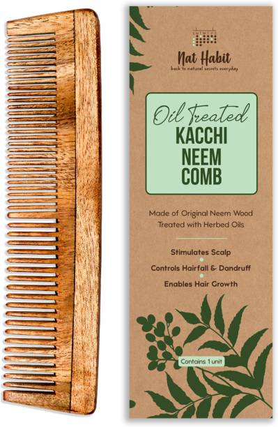 Nat Habit Kacchi Neem Comb, Wooden Comb | Hair Growth, Hairfall, Dandruff Control | Hair Straightening, Frizz Control | Comb for Men, Women | Treated with Neem Oil, Bhringraj & 17 Herbs (Dual Tooth)
