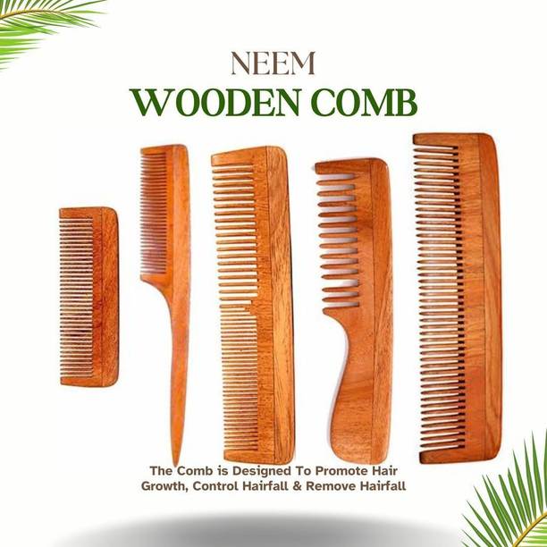 DAUMI Kacchi Neem Organic Wood Combs 100% Handmade, Anti-Dandruff (Pack of 5)