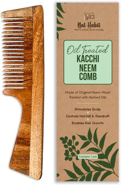 Nat Habit Kacchi Neem Comb, Wooden Comb | Hair Growth, Hairfall, Dandruff Control | Hair Straightening, Frizz Control | Comb for Men, Women | Treated with Neem Oil, Bhringraj & 17 Herbs (Fine Tooth)