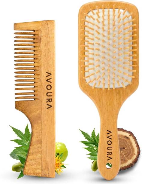 अवौरा Wooden Hair Brush with Neem Bristles & Neem Wooden Handle Hair Comb – Pack of 2