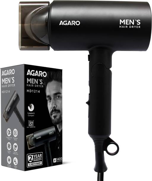 AGARO Premium Hair Dryer for Men, 1400W, 3 Temp Settings & Cool Shot, Black Hair Dryer