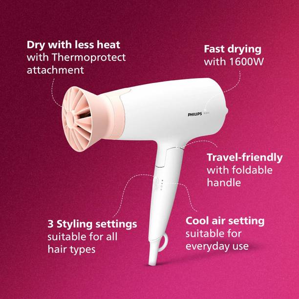 PHILIPS Hair Dryer – Powerful Drying with Less Heat Thermo- Protect Technology Hair Dryer  (1600 W, White)