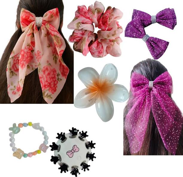AG ERA FASHION Trendy Hair Accessory Combo for Girls | Bow Clips Scrunchie Flower Bracelet Set Hair Dryer