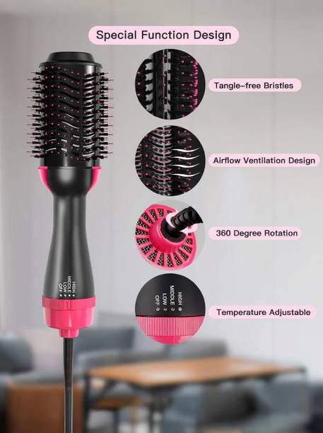 LAZIRA Hot Air Brush, Hair Dryer, and Volumizer Styler, Professional 2-in-1 Salon Negative Ion Ceramic Electric Blow Rotating Straightener and Curly Comb with Anti-Scald, Black round hair brush