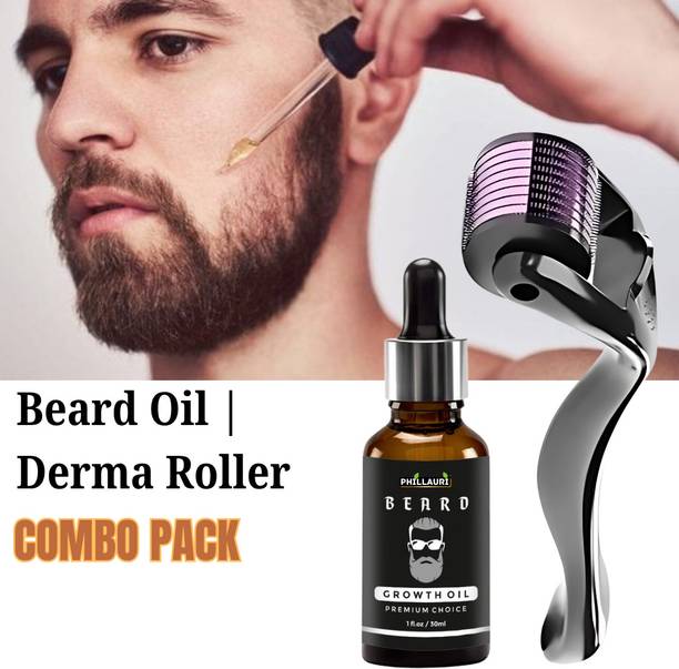 Phillauri Men Beard Growth Oil With Derma Roller 0.5mm for Beard, Thicker Beard Hair Oil