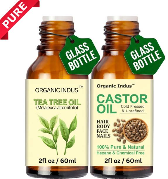 Organic Indus Castor Oil & Tea Tree Oil Essential Oil Combo Pack of 2 Bottles (60ml Each) Hair Oil