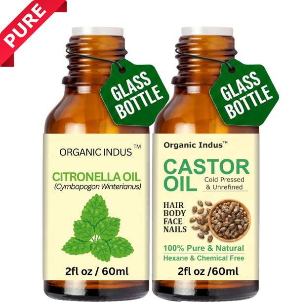 Organic Indus Castor Oil & Citronella Oil Essential Oil Combo Pack of 2 Bottles (60ml Each) Hair Oil