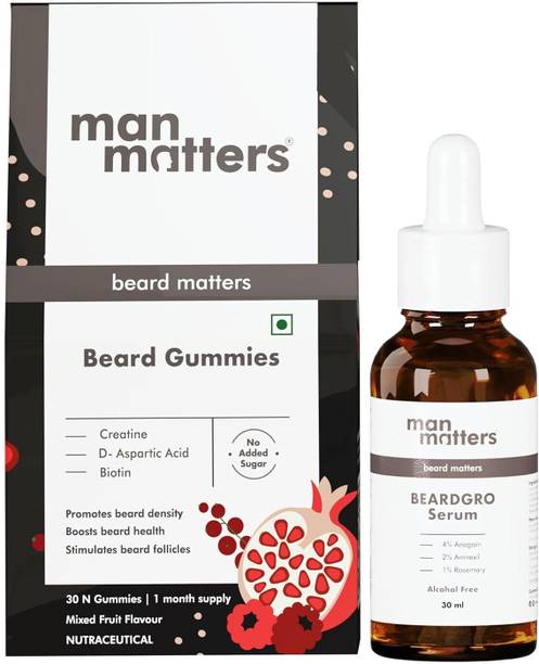 Man Matters Beard Oil In Serum & Beard Gummies Combo | Improves Beard Density & Nourishes Hair Oil