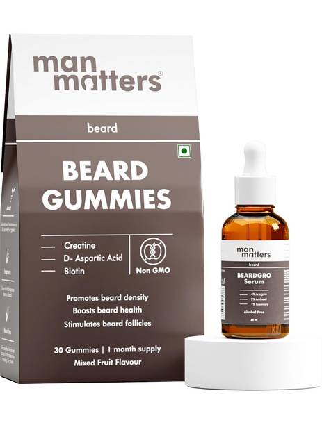 Man Matters Beard Oil In Serum & Beard Gummies Combo | Improves Beard Density & Nourishes Hair Oil