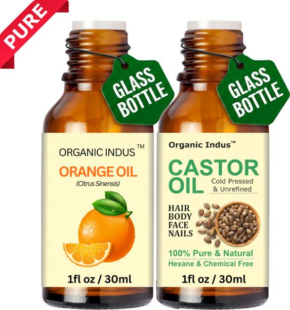 Organic Indus Castor Oil & Orange Oil Essential Oil Combo Pack of 2 Bottles (30ml Each) Hair Oil