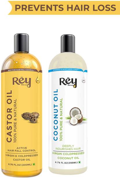 Rey Naturals Cold-Pressed, 100% Pure Castor Oil & Coconut Oil - Moisturizing & Healing, For Skin, Hair Care, Eyelashes (200 ml + 200 ml) super saver combo Hair Oil