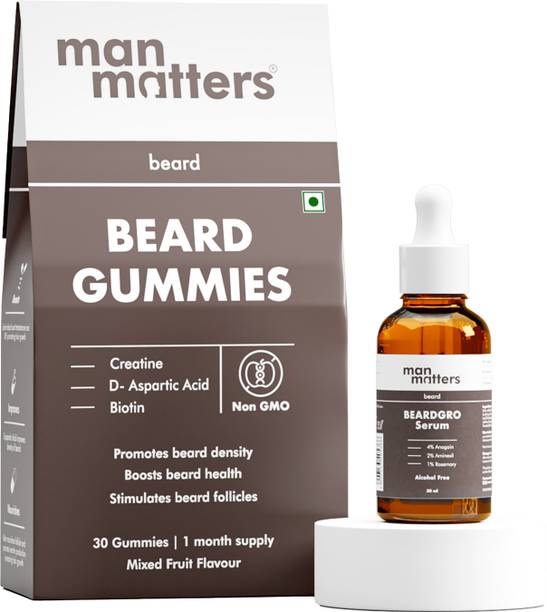Man Matters Beard Oil In Serum & Beard Gummies Combo | Improves Beard Density & Nourishes Hair Oil
