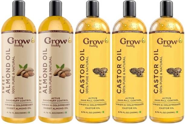 GROWBUDDY 2x Almond & 3x Castor Oil (5x200ml) | Heavy Duty Hair Thickening Hair Oil