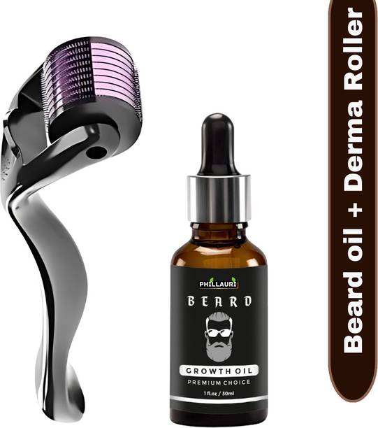 Phillauri Men Beard Growth Oil and Derma roller 0.5mm for hair for beard, Thicker Beard Hair Oil