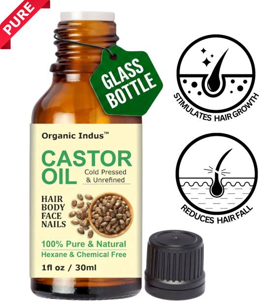 Organic Indus Castor Oil for Hair Growth and Skin Hydration & Moisturization (Glass Bottle) Hair Oil