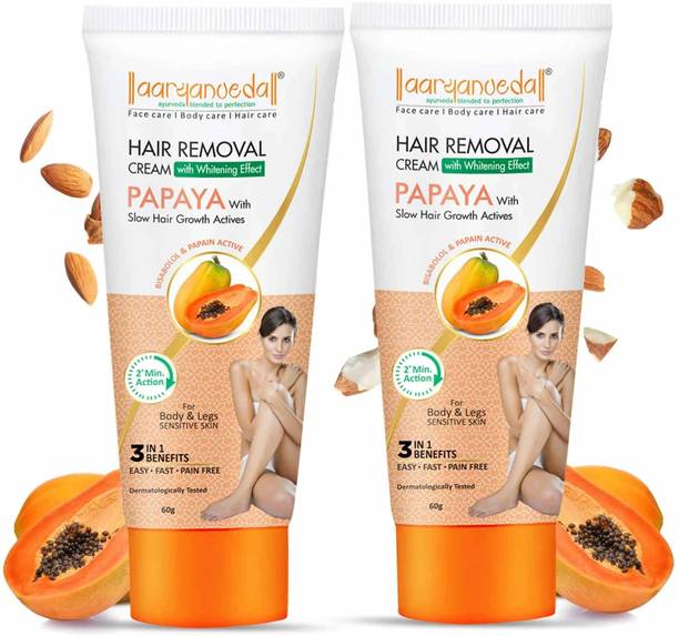 Aaryanveda Hair Removal Cream with Whitening Effect Papaya Only 2 min. Formula 60g (Pack-2) Cream