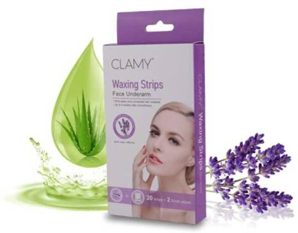 Clamy Face & UnderArms Waxing Strips with Lavender Extracts Instant Removal Silky Smoothness Upto 4 Weeks (20 Strips + 2 Finish Wipes) Lavender Wax