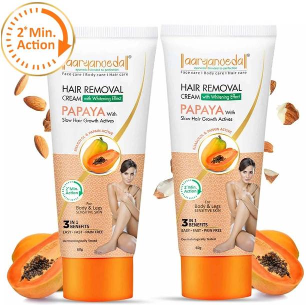 Aaryanveda Hair Removal Cream with Whitening Effect Papaya Only 2 min. Formula 60g (Pack-2) Cream