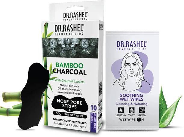 DR.RASHEL Bamboo Charcoal 5 Nose Strip & 5 Wet Wipes for Whiteheads & Blackheads Remover Strips