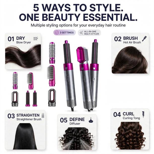 Dizosonic 5-in-1 AirStyler Hot Air Brush Hair Dryer Multi Styler for Women, Straightener Brush Curling Tong with Concentrator Diffuser, 3 Settings Hair Straightener