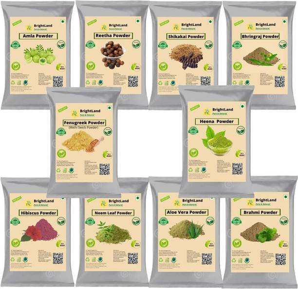 Brightland Combo of Hair Growth Amla powder 50g, Reetha powder50gm, Sikhakai Powder 50g, Bringraj powder 50gm, Heena leaf powder 50gm ,Brahmi powder 50g, Hibiscus Powder 50gm, Fenugreelk Powder 50gm, Neem Leaf Powder 50gm, Alovera Powder 50gm,