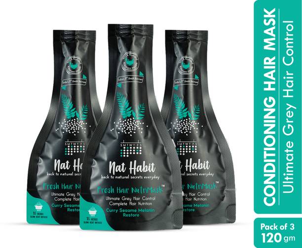 Nat Habit Curry Sesame FRESH Hair Mask (NutriMask) | Anti-Greying, Hair Smoothening | Dry, Frizzy Hair Treatment | Ayurvedic, Herbal | 15 Herbs Heat Soaked | Black Sesame, CurryLeaves, Castor, Coconut (Pack of 3)