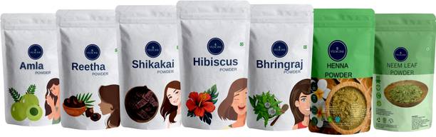 VEDICINE Bio Organic Amla Reetha Shikakai Hibiscus Bhringraj Henna Neem Powder For Hair care (70gm Each)
