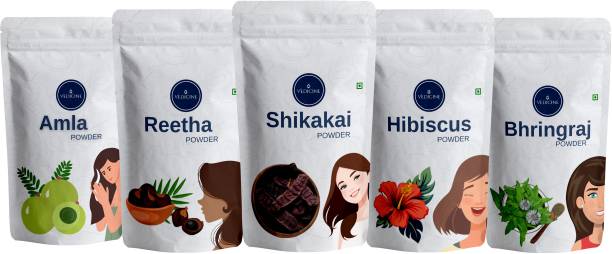 VEDICINE Amla Reetha Shikakai Hibiscus and Bhringraj Powder For Hair Pack (75g each)