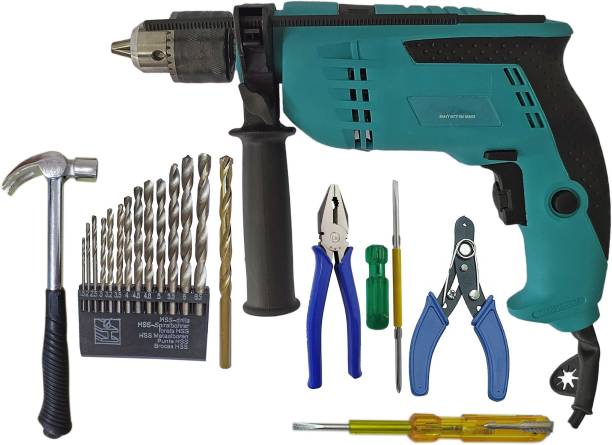 DUMDAAR 6Month Warranty 900W 13mm Reversible drill machine with Claw hammer,13pc HSS, 1pc Masonry, Plier,2in1 Screwdriver, wire cutter and Electric Tester (Pack of 8) Rotary Hammer Drill