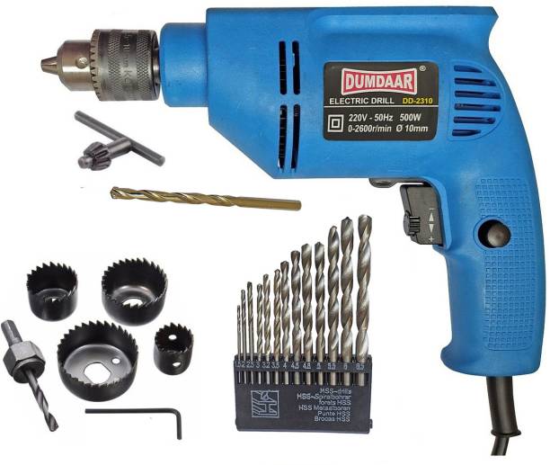 DUMDAAR 6-Month Warranty Reversible Drill machine 10mm with Variable Speed 6pc holesaw set 13pc HSS and 1 masonry bit Hammer Drill