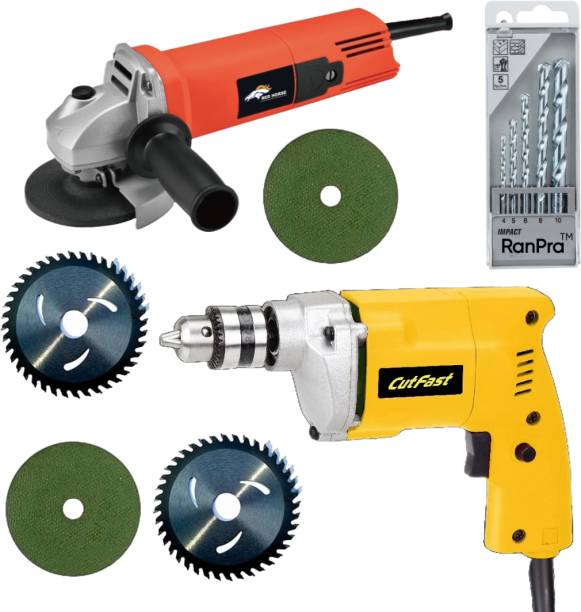 RanPra COMBO OF NEW ANGLE GRINDER FOR MULTIPE USE WITH 10MM DRILL MACHINE AND 4USEABLE BLADES WITH 5PCS OF DRILL BITS WITH HIGH QUALITY Hammer Drill
