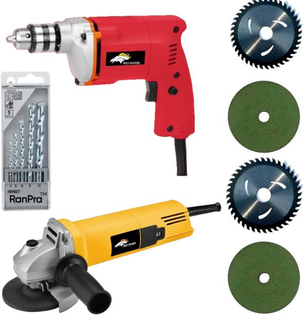 RanPra NEW COMBO OF 10MM DRILL MACHINE WITH 5PCS DRILL BIT AND 4 USEABLE BLADES AND 4INCH ANGLE GRINDER Hammer Drill