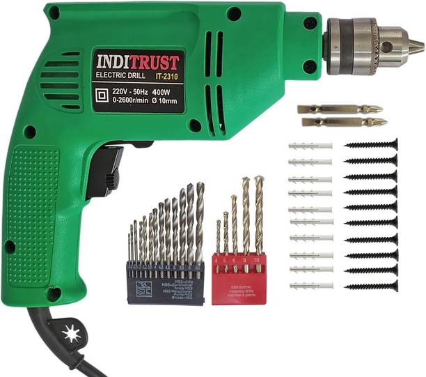 Inditrust 3 Month Warranty 400W 10mm Reversible Electric drill machine with 13Pcs HSS bit & 5 Pcs Masonry 2pc Ph2 bt & 10pc Gitti +10pc Screw Pistol Grip Drill