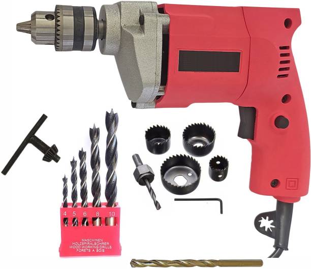 DUMDAAR 6 months warranty 10mm Electric Drill Machine with 1pc Masonry 5pc Wood &amp; 6pc Hole saw set (Pack of 4) Hammer Drill