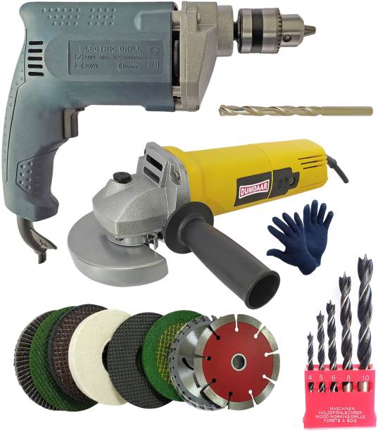 DUMDAAR 3 Month Warranty Electric drill machine 10mm &amp; 1pc Masonry, Angle Grinder Machine 100mm 8pcs Wheel Combo 5pc Wood &amp; GLOVES (Pack of 13) Hammer Drill