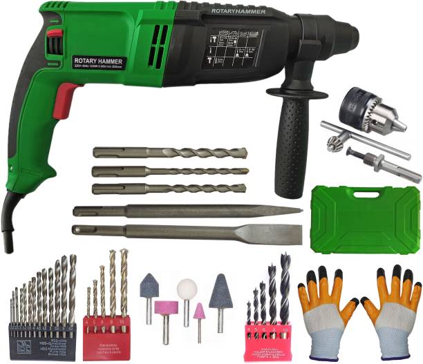 DUMDAAR 6 Month Warranty 1250W 26mm Hammer Machine with 5pc bit 5pc Mounted stone and 13mm drill chuck &amp; Adaptor 13pc HSS 5pc Masonry 5pc Wood with Gloves Rotary Hammer Drill