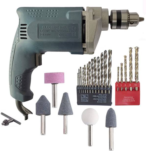 DUMDAAR 6-Month Warranty 10MM Electric drill machine 350W with 13pc HSS 5pc Masonry drill bit &amp; 5pc Mounted Stone (Pack of 4) Hammer Drill