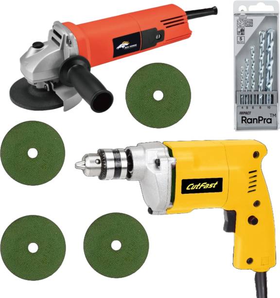 RanPra COMBO OF 10MM DRILL MACHINE WITH NEW ANGLE GRINDER 322R AND 4CUTTING BLADES WITH 5PCS OF DRILL BITS WITH HIGH PERFORMANCE Hammer Drill